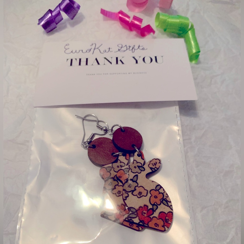 Colorful cute Floral Bunny Earrings NEW Wood Acrylic SS Ear wires NWT trending